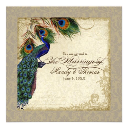 Peacock & Feathers Formal Wedding Invite Taupe Tan