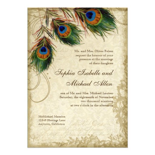 Peacock & Feathers Formal Wedding Tea Stained Personalized Invites