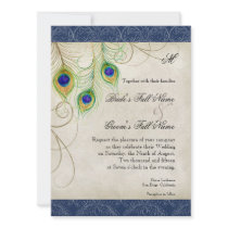 Peacock Feathers Navy Blue Wedding Invitation