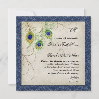 Peacock Feathers Navy Blue Wedding Invitation by AudreyJeanne