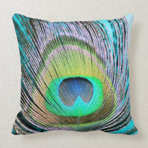 Peacock Feathers on turquoise Throw Pillow