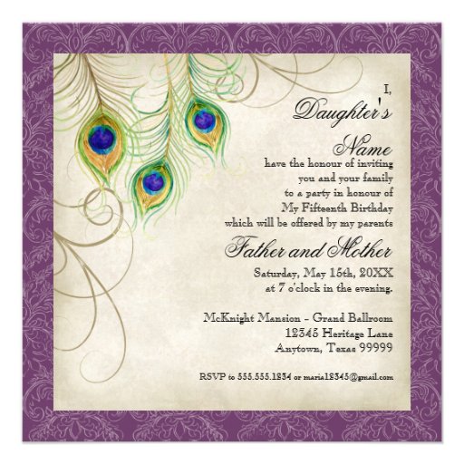 Peacock Feathers Purple Damask Quinceanera Party Custom Invitations