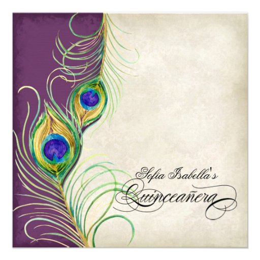 Peacock Feathers Purple Damask Quinceanera Party Custom Invitations