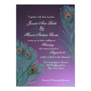 Peacock Feathers Purple Wedding 5x7 Paper Invitation Card