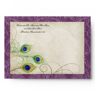 Peacock Feathers Purple Wedding Invitation 5x7 Envelopes by AudreyJeanne