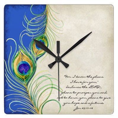Peacock Feathers Royal Damask Christian Scripture Square Wall Clock
