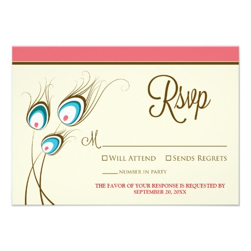 Peacock Feathers RSVP Card (coral) Invite
