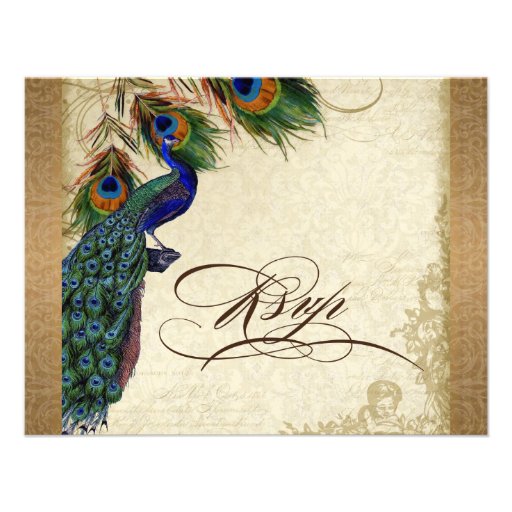 Peacock & Feathers Vintage Gold Look Damask  Swirl Personalized Invites