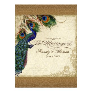 Peacock & Feathers Vintage Gold Look Damask Swirl Custom Announcement