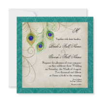 Peacock Feathers Wedding Invitation - Teal Blue