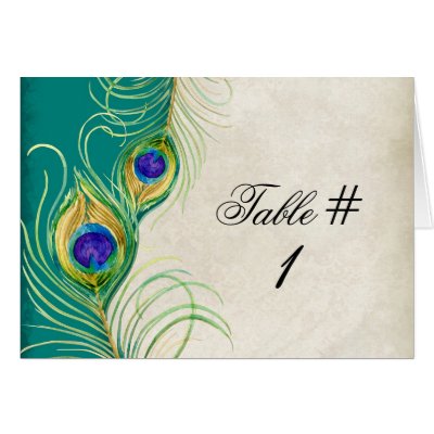 Peacock Feathers Wedding Table Tent Card by AudreyJeanne