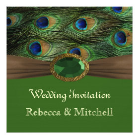 Peacock feathers with faux emerarld Wedding Personalized Invitation