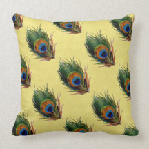 Peacock Feathers Yellow Background P403 Throw Pillow