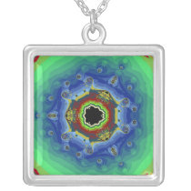 Peacock Fractal Mandala Blue Green Personalized Necklace