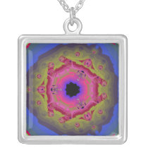 Peacock Fractal Mandala Pink Green Necklaces
