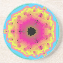 Peacock Fractal Mandala Pink Yellow Coaster