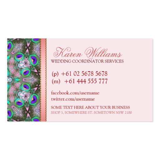 Peacock Fractals Wedding Planner Business Cards (back side)