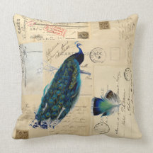 Peacock French Postcards Pillow