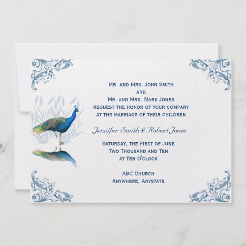 Peacock Garden In Blue and White Wedding Invitation