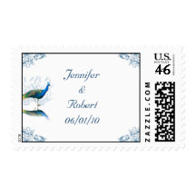 Peacock Garden in Blue and White Postage Stamp