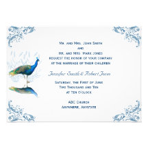 Peacock Garden in Blue White Wedding Invitation