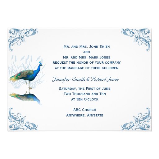 Peacock Garden in Blue White Wedding Invitation