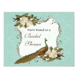 Peacock Magnolia Floral Swirl Damask Wedding 4.25x5.5 Paper Invitation Card