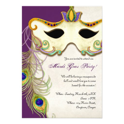 Peacock Masquerade Mask Ball - Mardi Gras Party Announcement