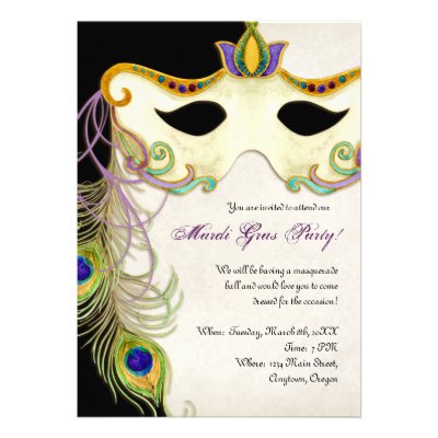 Peacock Masquerade Mask Ball - Mardi Gras Party Custom Invites
