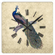 Peacock on Elegant Ivory Damask Clock