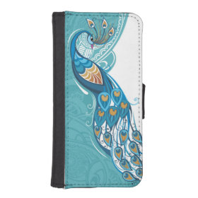 Peacock on Teal Illustration iPhone 5 Wallet Cases