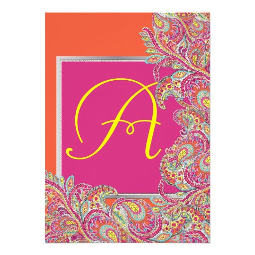 Peacock Paisley Tangerine Mustard Yellow Fuchsia Personalized Invites