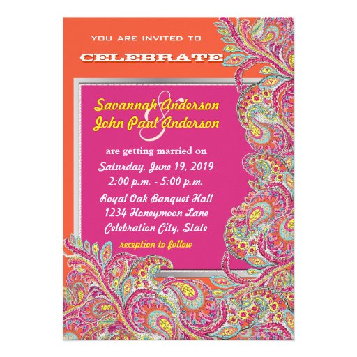 Peacock Paisley Tangerine Mustard Yellow Fuchsia Personalized Invites