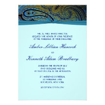 Peacock Paisley Teal Blue Wedding Invitations