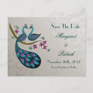 Peacock-Peahen Save the Date Postcard, silver