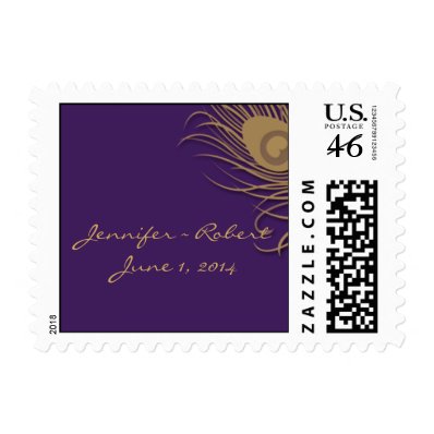 Peacock Plume in Gold and Plum Postage Stamp
