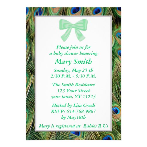 Peacock Print Green Bow Baby Shower Invitation