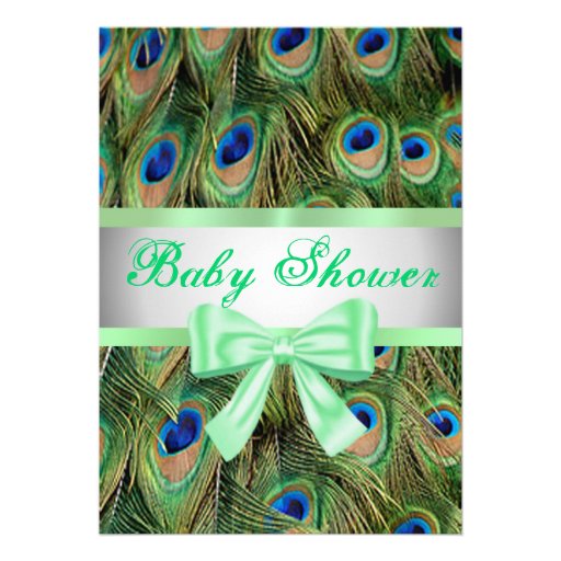 Peacock Print Green Bow Baby Shower Invitation