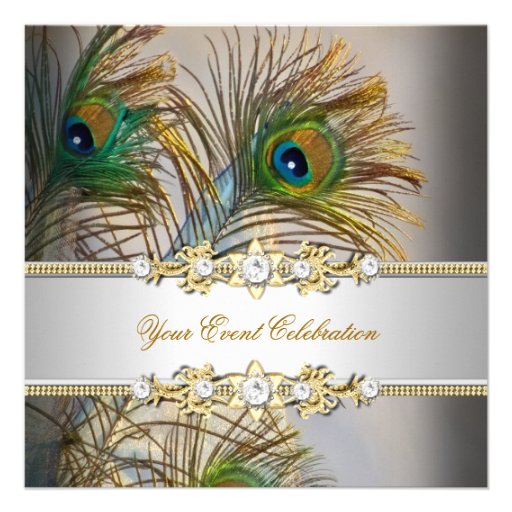 Peacock Teal Blue Gold Elegant Party Announcements (front side)