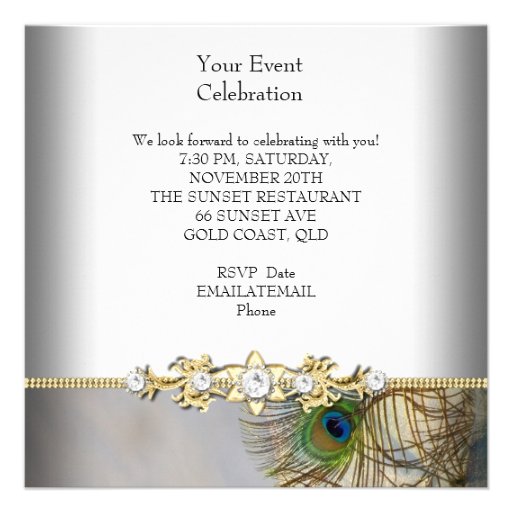 Peacock Teal Blue Gold Elegant Party Announcements