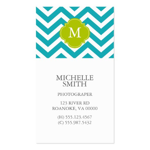 Peacock Teal & Green Zigzags Pattern Monogram Business Card Template