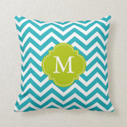 Peacock Teal & Green Zigzags Pattern Monogram Pillow