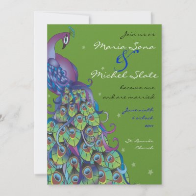 Peacock Theme Wedding Invitation Invite green leaf by Marlalove73