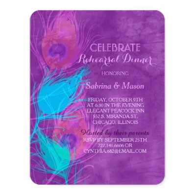 Peacock Themed Purple Wedding Rehearsal Dinner 4.25x5.5 Paper Invitation Card