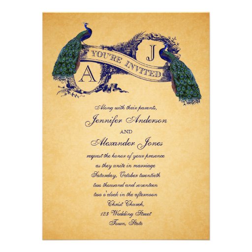 Peacock Vintage Wedding Invitation | Blue