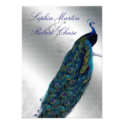 Peacock Wedding Invite Blue Silver Vintage Modern