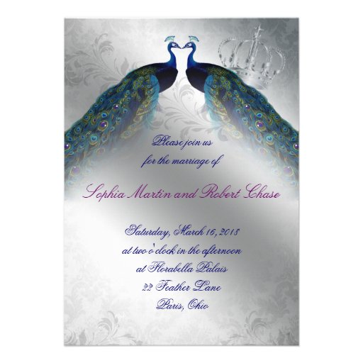 Peacock Wedding Invite Blue Silver Vintage Modern