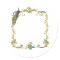 Peacock with Gold Frame Ornate Art Print Round Sticker