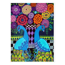 Peacocks with Flowers Art by heather Galler Post Cards