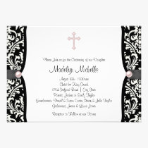 Pearl Cross Pink Black Damask Christening invitations